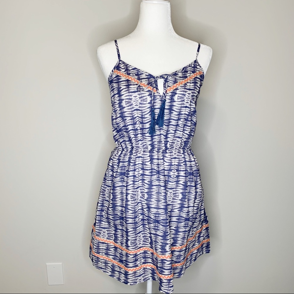 Olive & Oak Navy and White Printed Mini Dress with Orange Trim